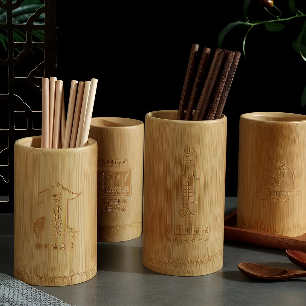 Bamboo chopsticks holder with portable design showing multiple size options for utensil storage
