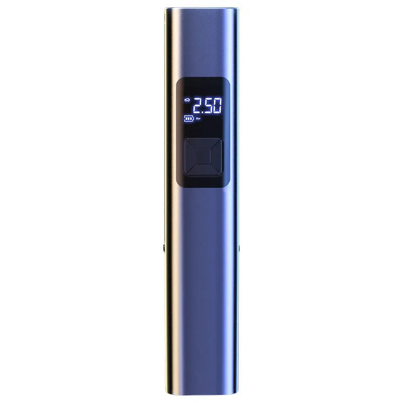 Black cylindrical wireless digital display car air inflator pump with vacuum hose and attachments on a grey background.