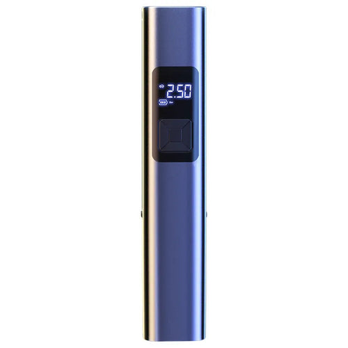 Black cylindrical wireless digital display car air inflator pump with vacuum hose and attachments on a grey background.