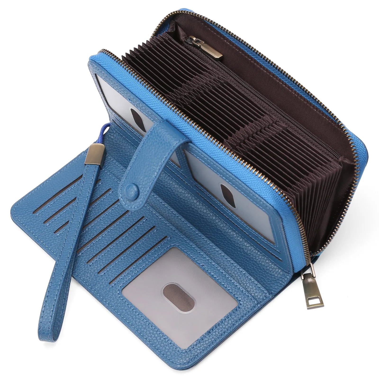 Women's expanding long wallet in denim blue showing card slots and passport pocket with anti-theft swiping feature