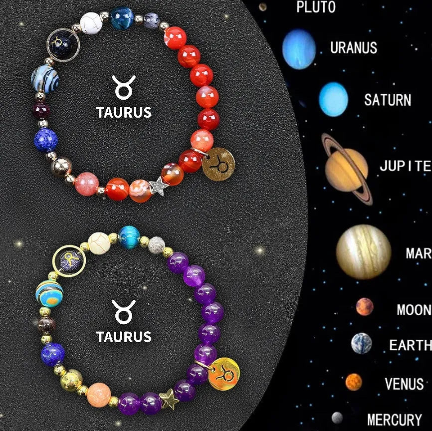 Two natural stone beaded bracelets with zodiac charms on a stretch elastic cord
