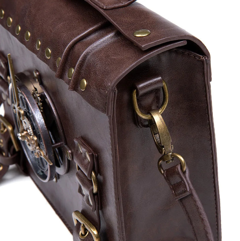 Bronze steampunk industrial retro shoulder bag with metal hardware and square pillow design