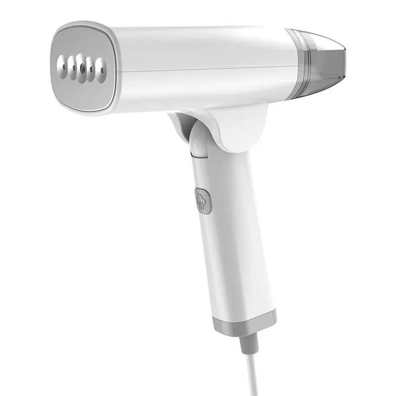 Blue and white handheld garment steamer unit with water tank and nozzle, shown for scale.