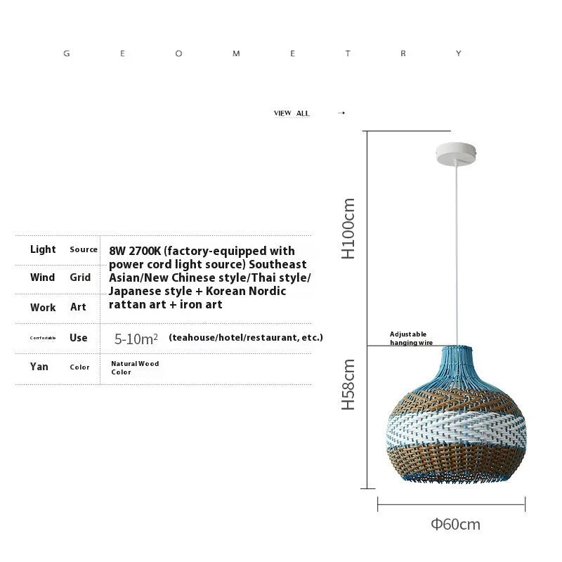 Vine woven rattan pendant ceiling lamp with natural materials in pastoral Southeast Asian style