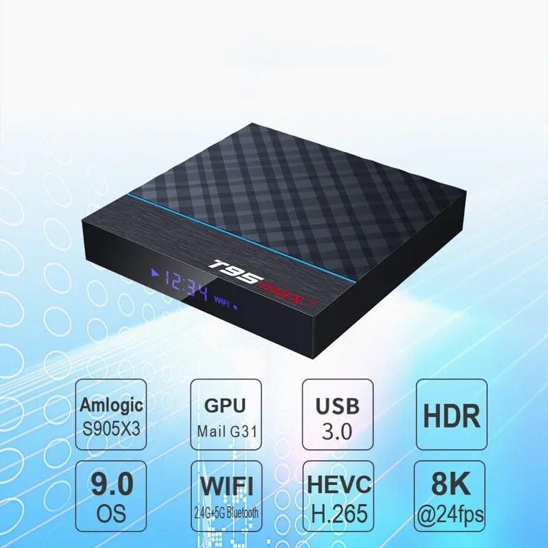 Black T95 Max Plus Android TV box with Amlogic S905X3 processor, shown with optional US, EU and UK power plugs.