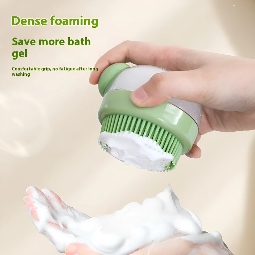 Pet bath silicone brush with liquid dispensing in Moonstone Gray for dogs