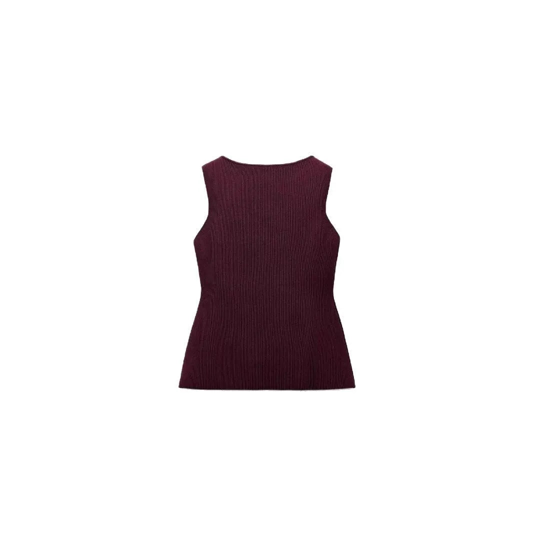 Dark red slim fit women's sleeveless sweater vest with 3D pattern detail and cardigan open front