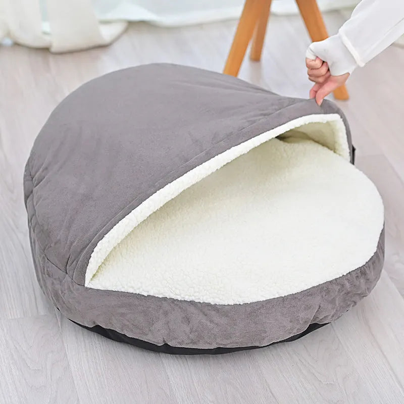 Brown removable cloth dog kennel shown in a small size next to a grey medium size variant.