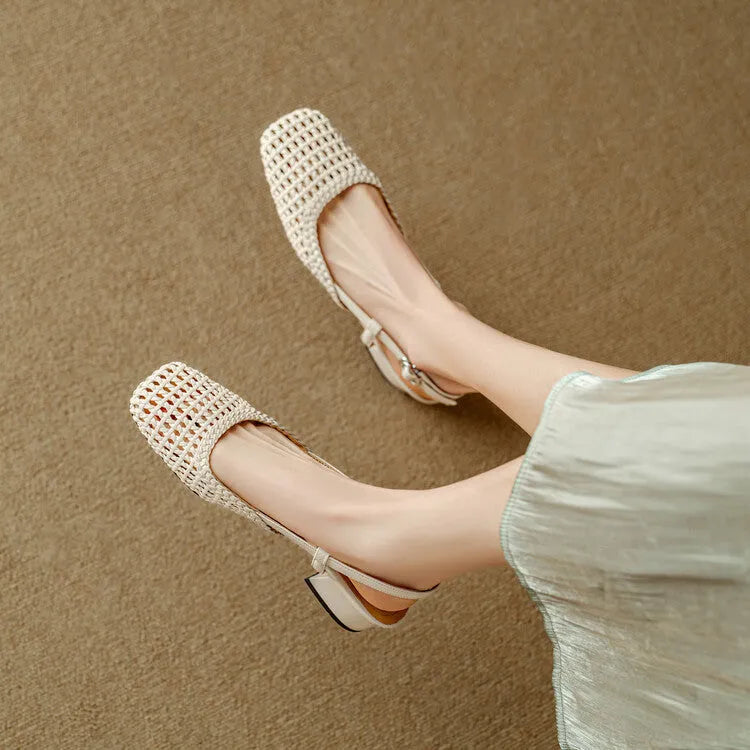 Women's woven hollow-out closed toe sandals with chunky heel and buckle fastening in black and beige colours