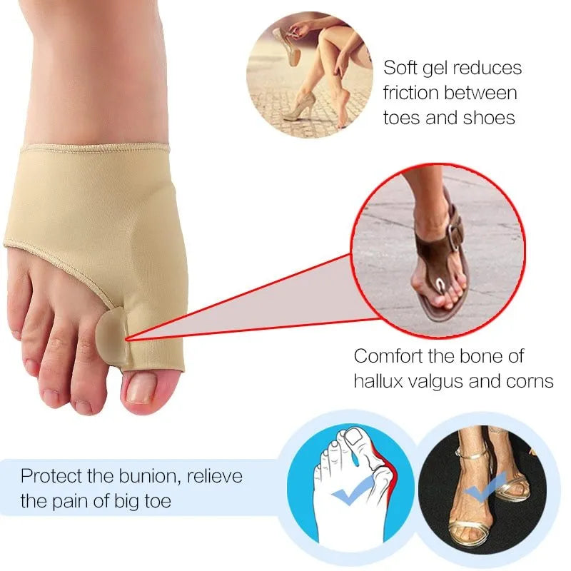 Corrective toe socks with silicone gel toe separator and bunion pad on a stretch fabric base.