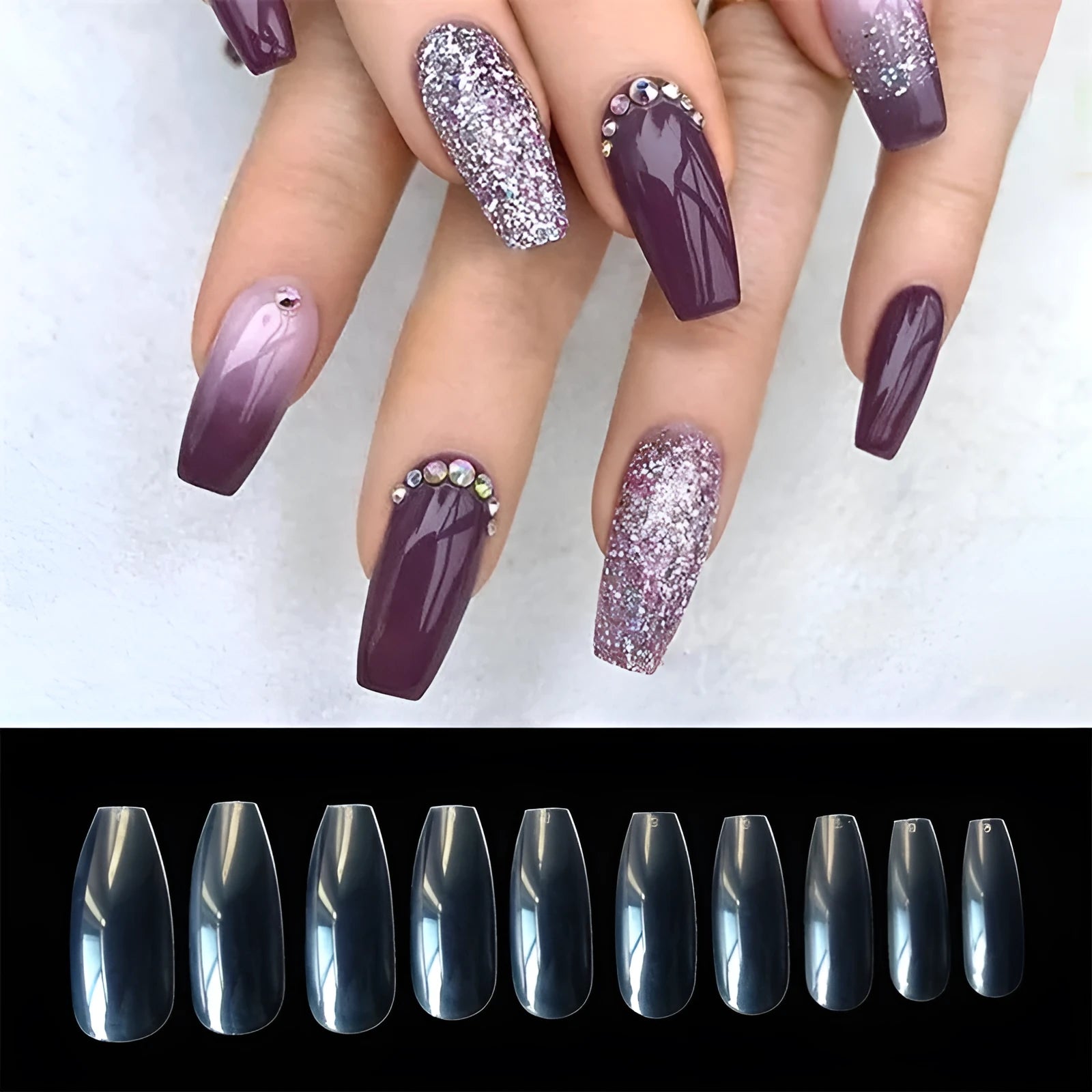 500 clear ABS artificial nails in 10 sizes with French tip design for professional and home use
