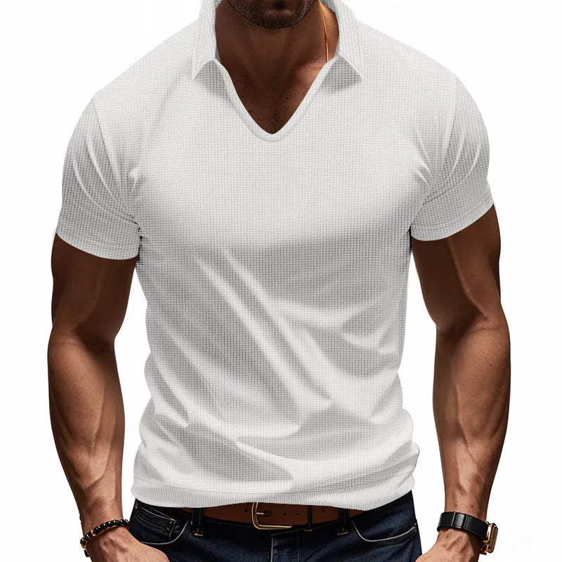 Men's loose fit V-neck short sleeve T-shirt in cotton blend fabric showing colour options