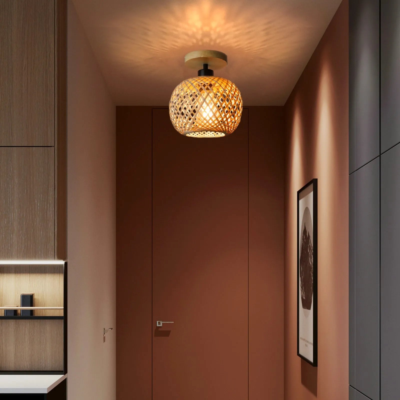 Japanese-style ceiling lamp with a natural bamboo and rattan shade for hallway or corridor lighting.