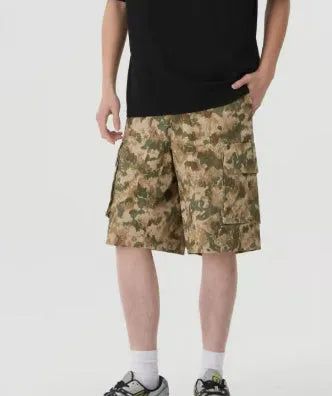 American-style retro workwear camouflage shorts with loose cropped fit in summer camouflage colours