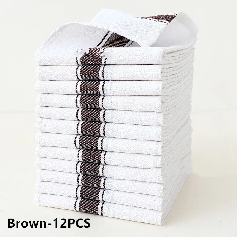 Set of twelve 48x70cm cotton polyester blend dish towels showing blue, yellow, brown, black, and striped colour options.