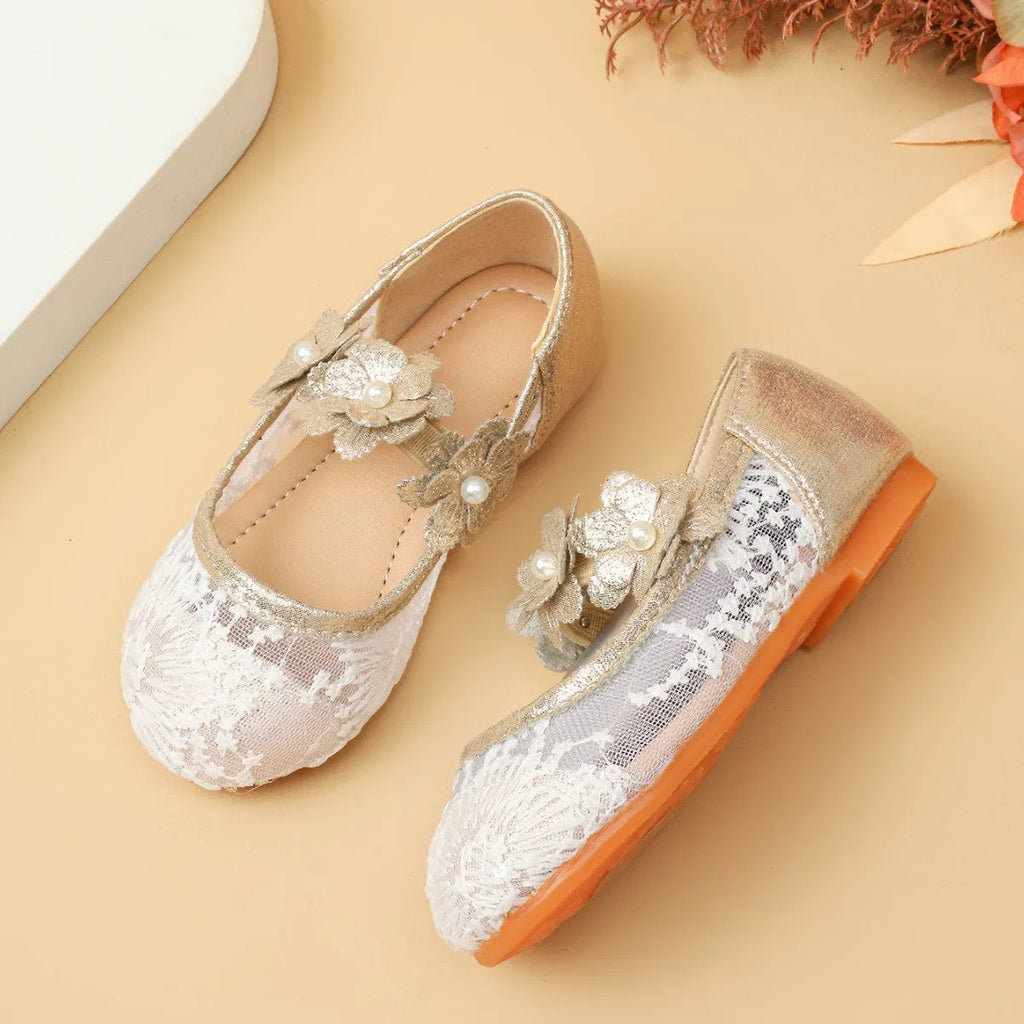 Gold children's traditional Chinese embroidered floral princess shoes with PU leather upper and rubber sole