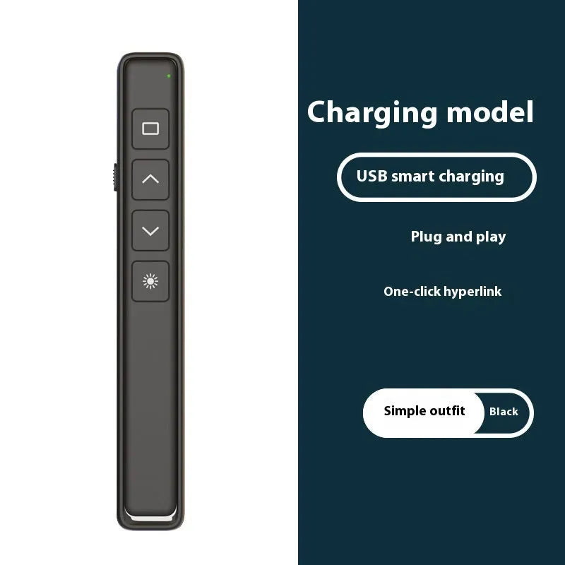 Black, white, and pink wireless presentation remote control pens with a USB receiver on a wooden desk.
