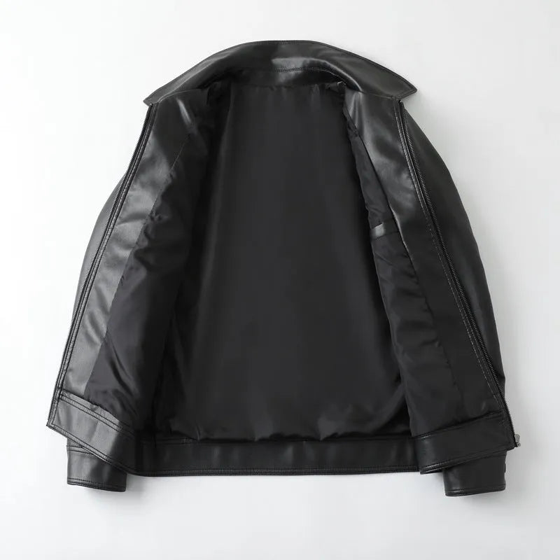 Men's black PU leather casual jacket with regular length and loose fit