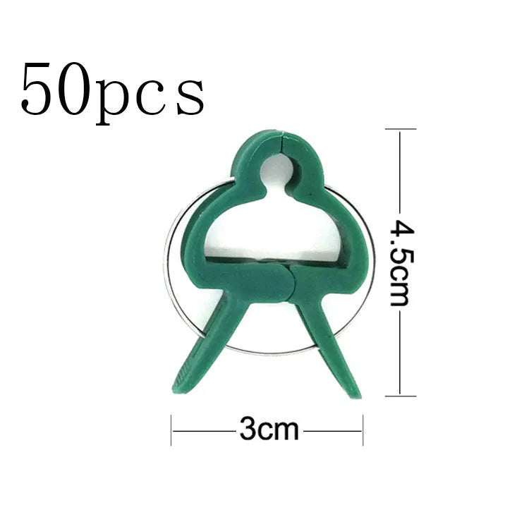 Green plastic and zinc plant fixing clips, large and small sizes, for training climbing vines and tomatoes.