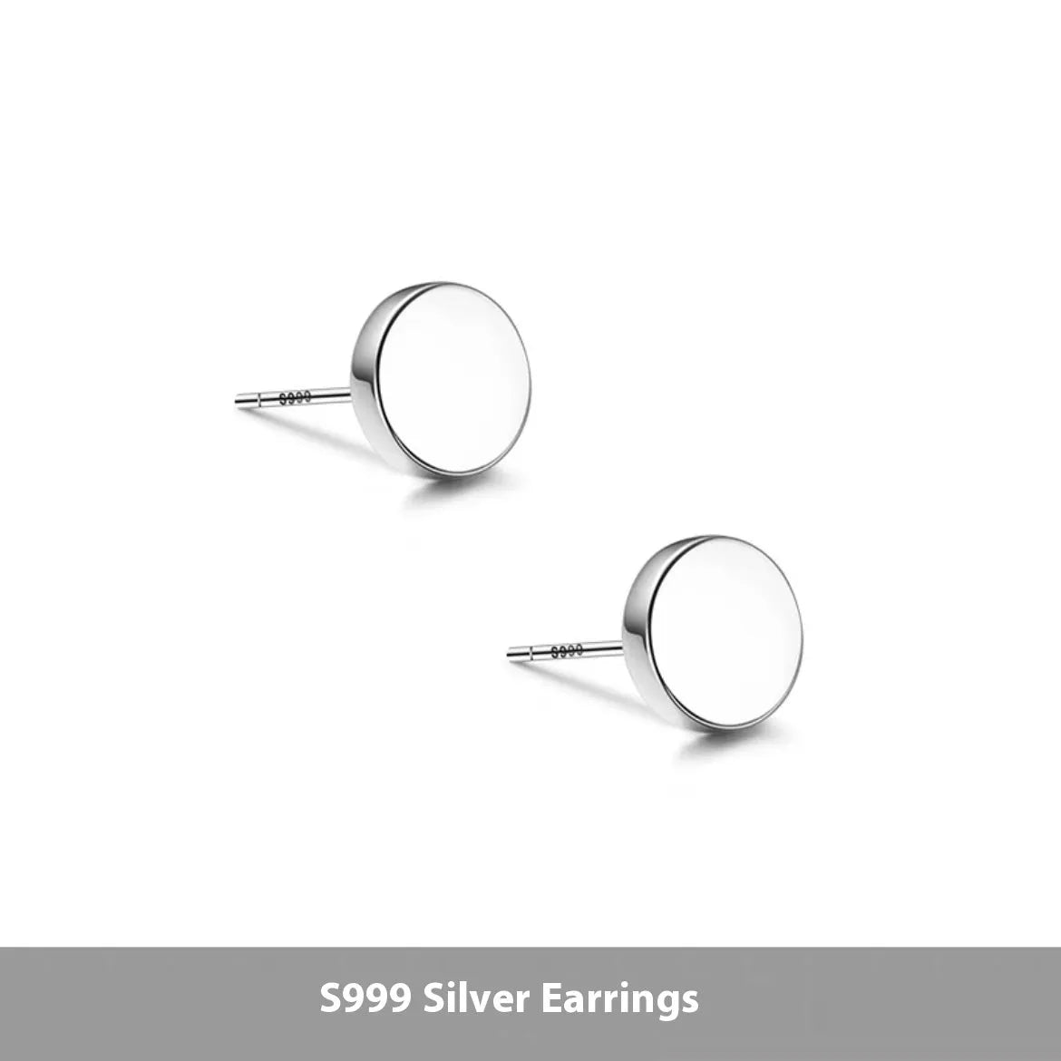 A pair of S999 sterling silver round flat stud earrings on a plain background, showing silver and black colour options.