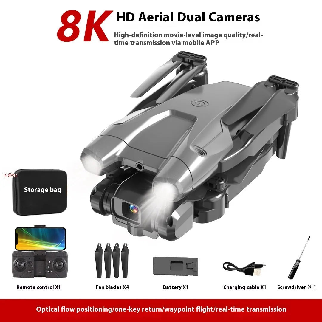 S138 black folding quadcopter drone with obstacle avoidance sensors and dual cameras, folded to under 30cm size