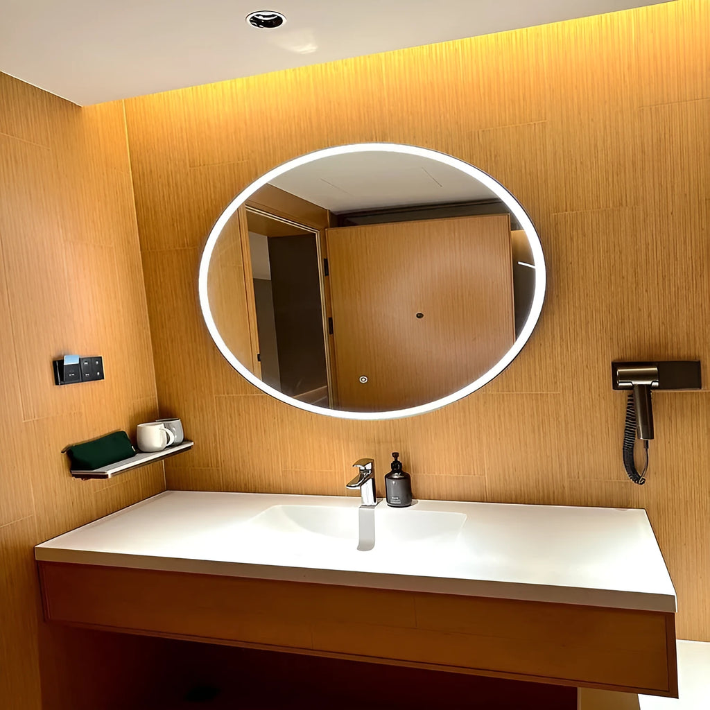 Black aluminium frame wall-mounted LED bathroom mirror with touch control.