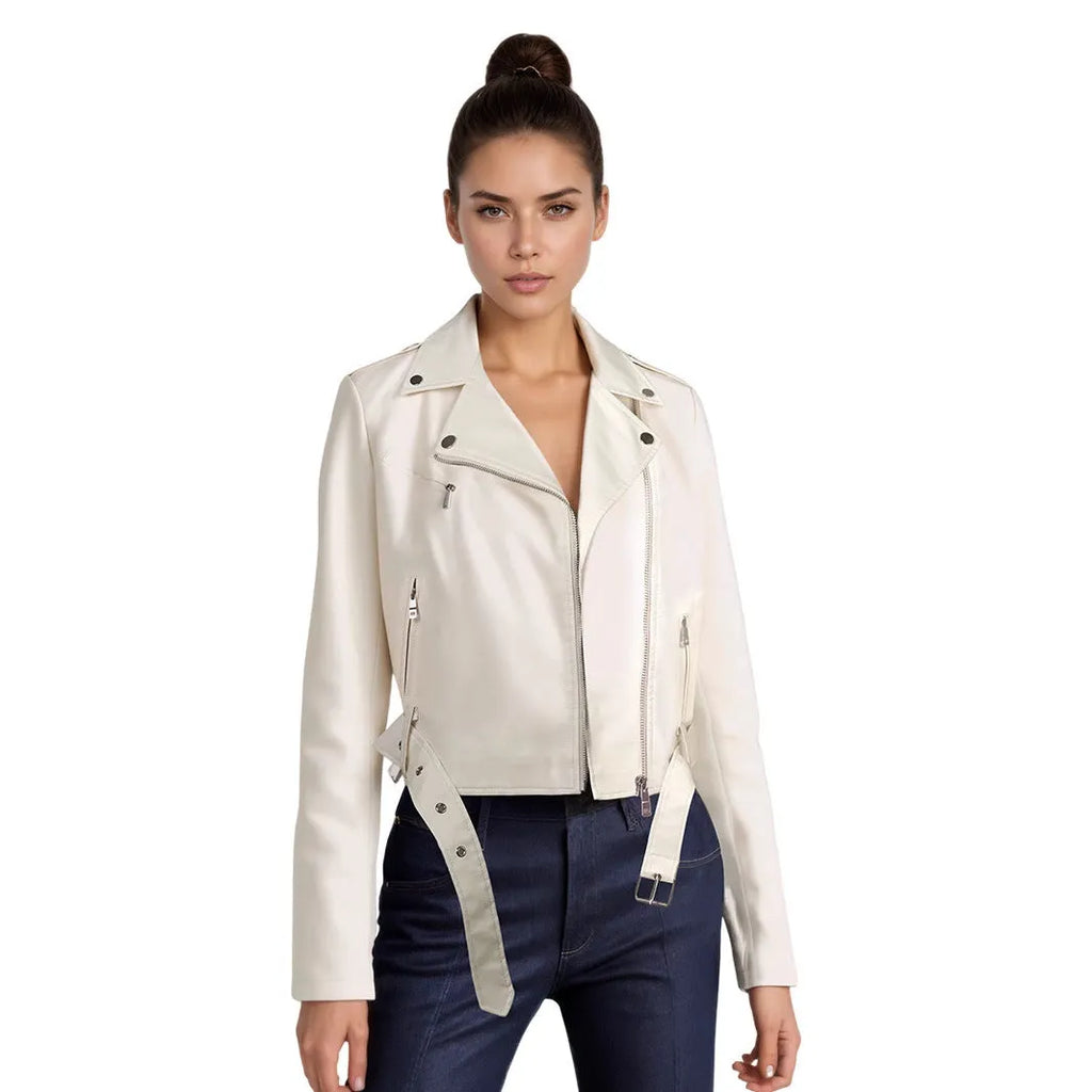 Women's black PU imitation leather motorcycle jacket with short lapel and waist belt