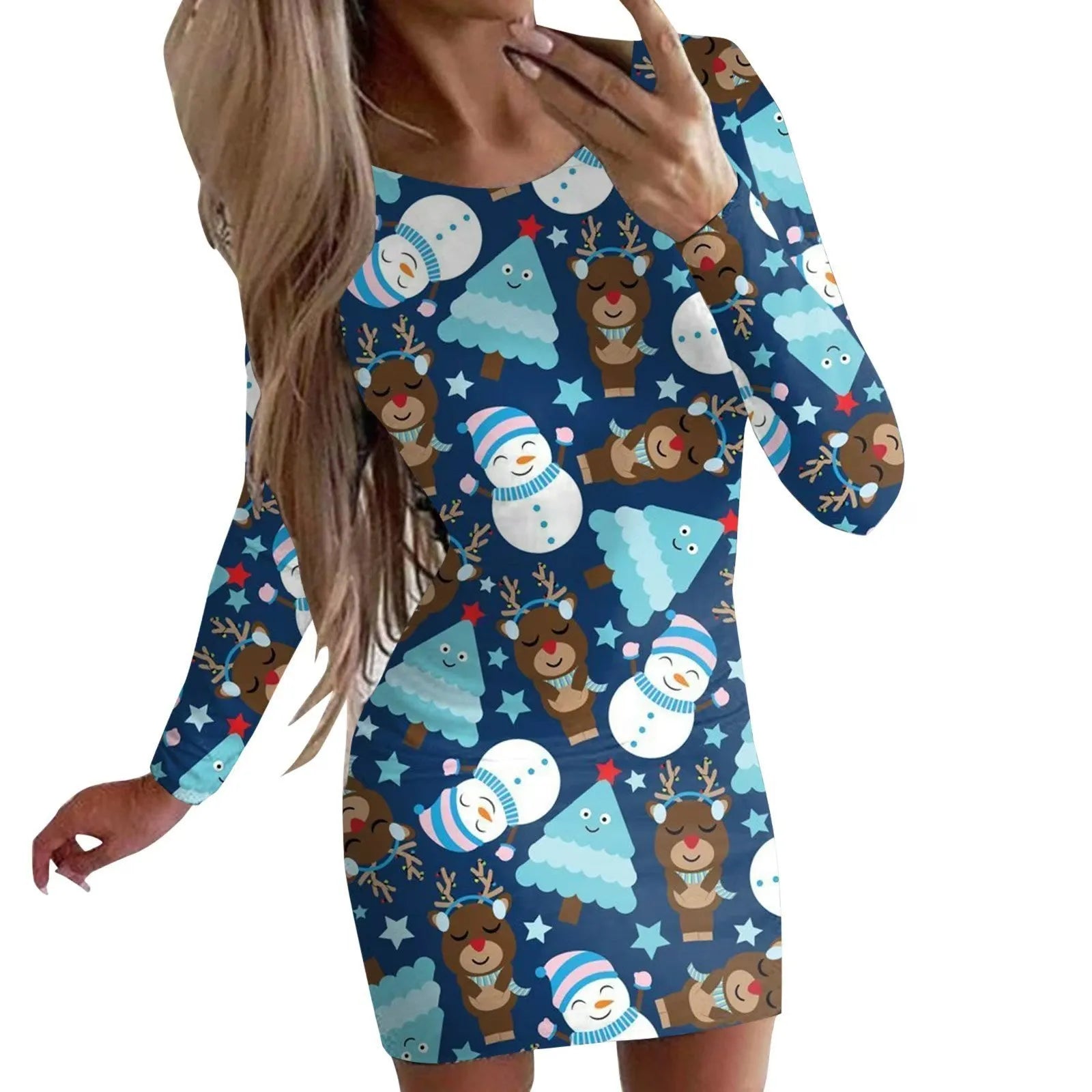 Christmas animal print narrow dress with hip skirt and long sleeves in floral colour options