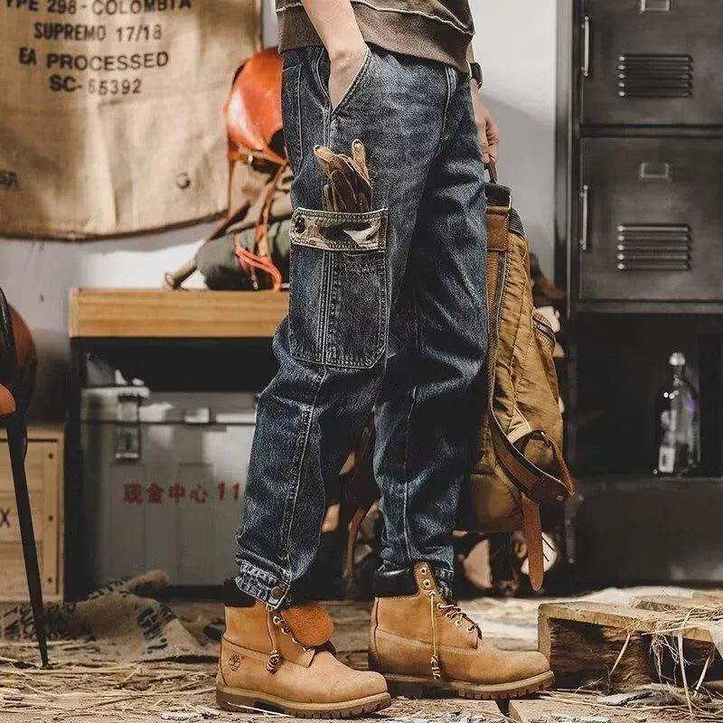 Blue heavy distressed cargo jeans for men, loose fit, mid waist, cotton denim, button fly