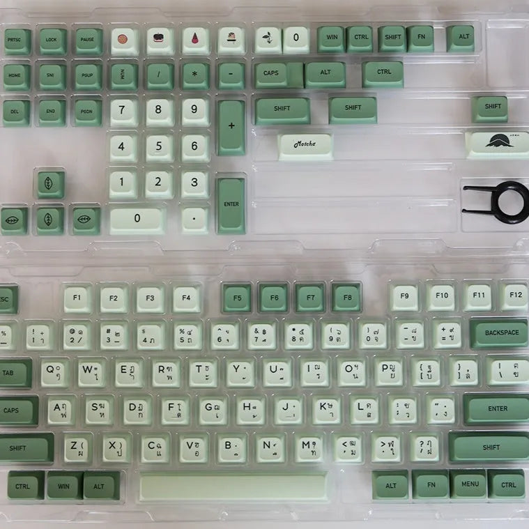 124 Key Matcha green and beige PBT keycap set for mechanical keyboards, showing multiple language layout options.