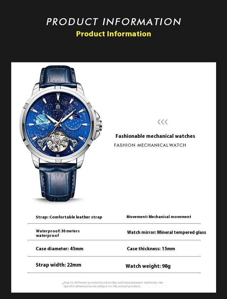 Men's blue automatic mechanical watch with skeleton design showing internal gears