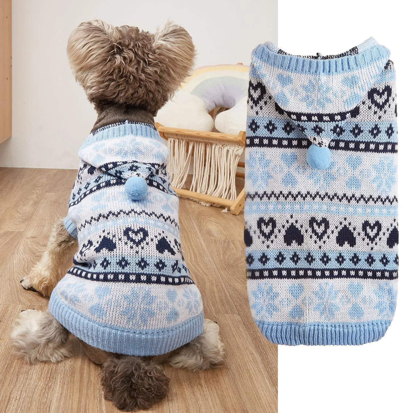 Pink blue grey striped camouflage snowflake love pattern knitted acrylic dog sweater for small breeds.