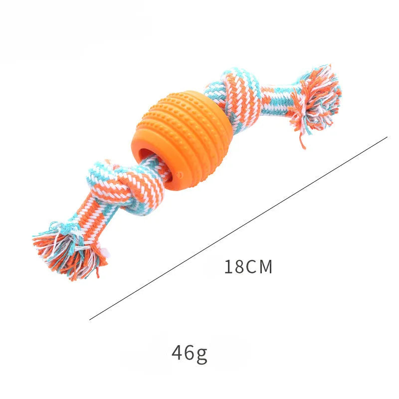 Blue dog chew toy with integrated rope cord for dental cleaning and oral health maintenance