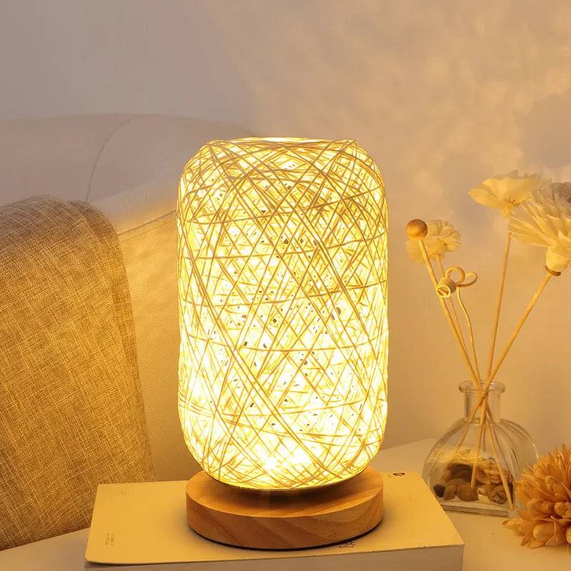 Brown twine Sepak Takraw patterned desk lamp with hemp rope weaving and wooden base