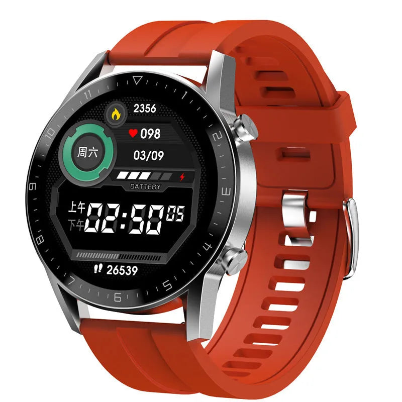 Multifunctional sports watch with black genuine leather strap and 1.3 inch touchscreen displaying step count