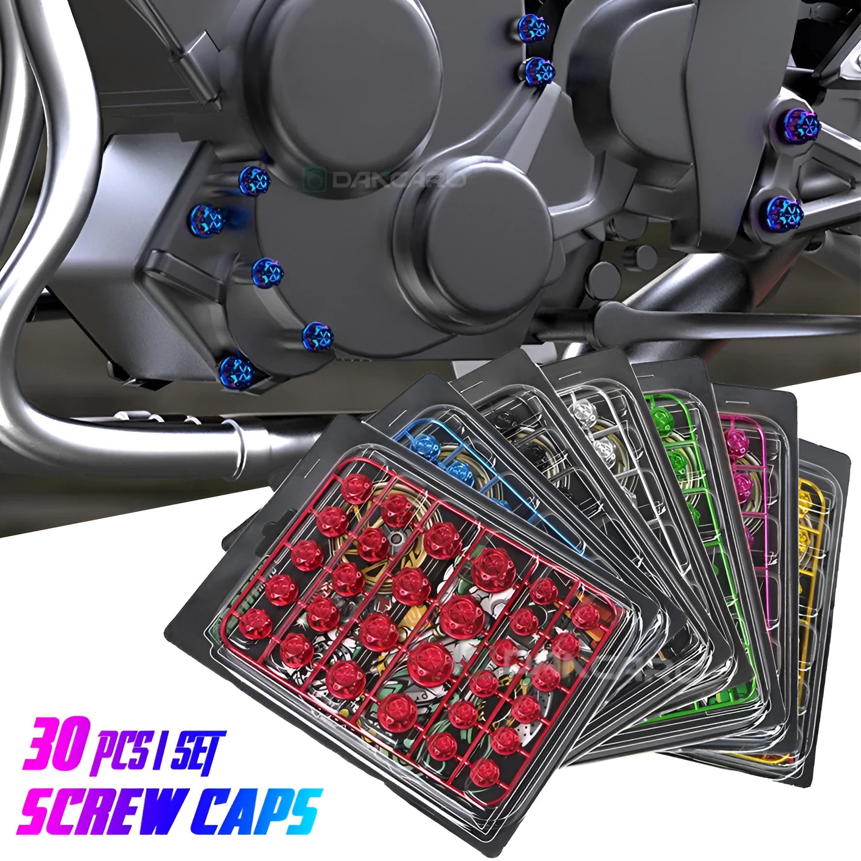 Set of 30 black ABS plastic motorcycle engine screw caps shown in a choice of eight colours.