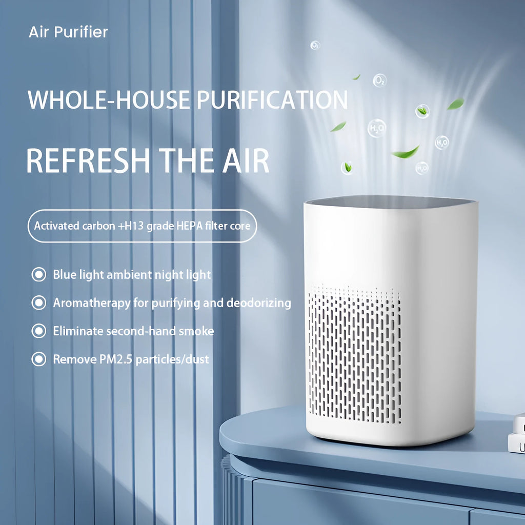 Desktop air purifier unit with simple styling and USB power connection
