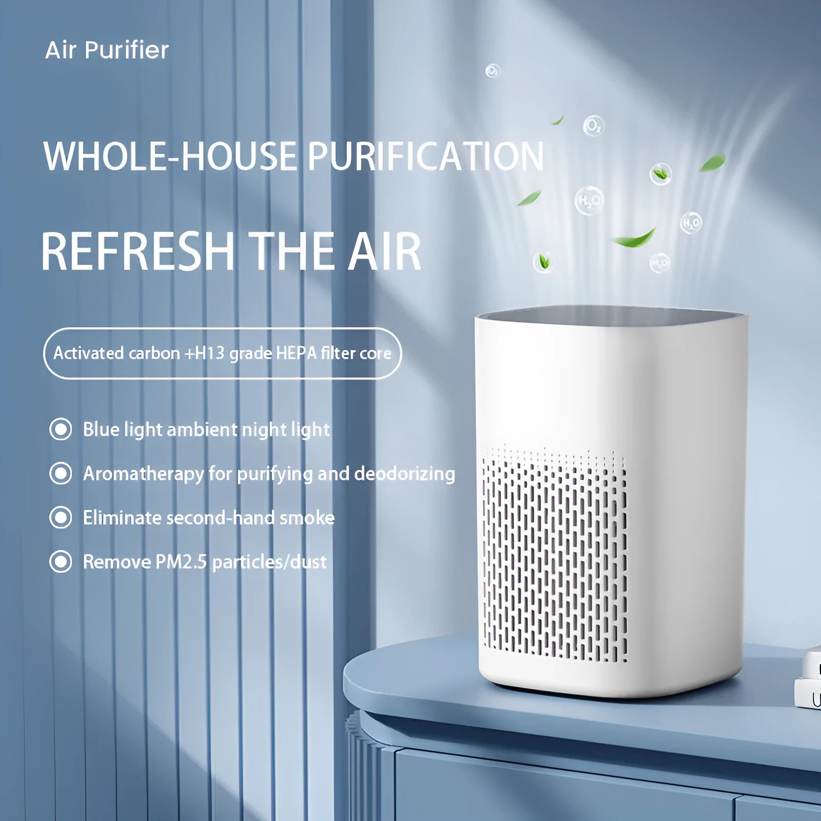 Desktop air purifier unit with simple styling and USB power connection