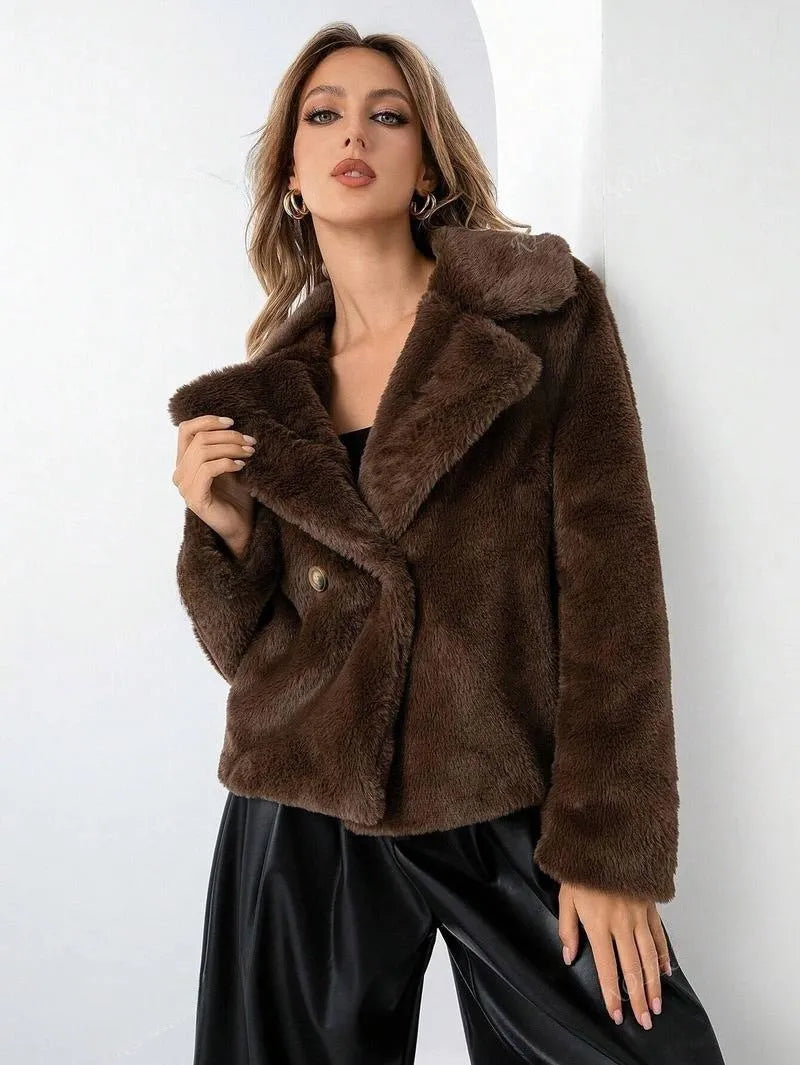 Women's short loose faux fur coat in rose red colour with regular sleeves