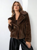 Women's short loose faux fur coat in rose red colour with regular sleeves