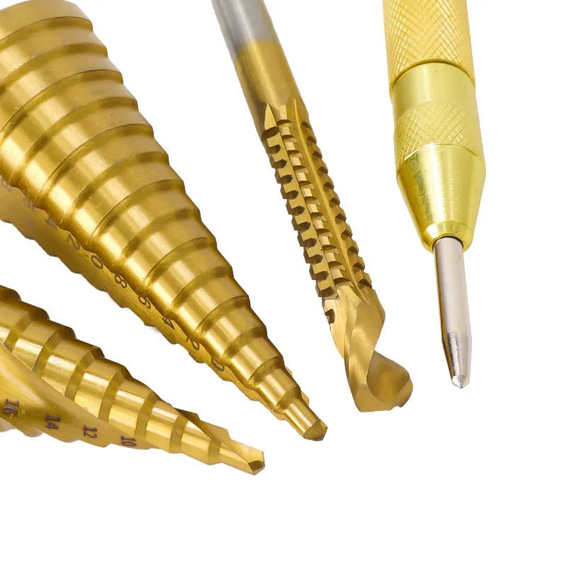 High speed steel cone drill bit punch set with centre punches including multiple step drill sizes