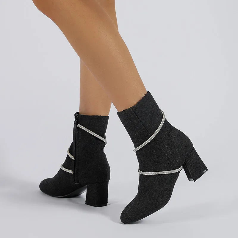 Chunky mid heel suede boots with rhinestone chain design in black for women