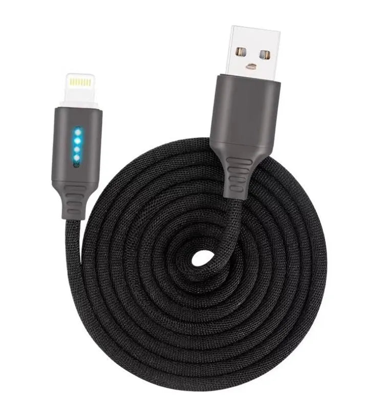Black fabric braided USB charging cable with Type-C connector, shown at full 1-metre length.