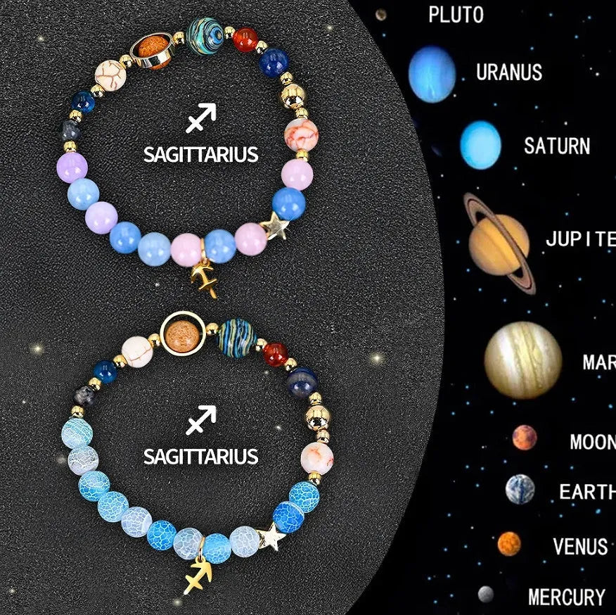 Set of two natural stone beaded bracelets for zodiac signs on adjustable elastic strings.