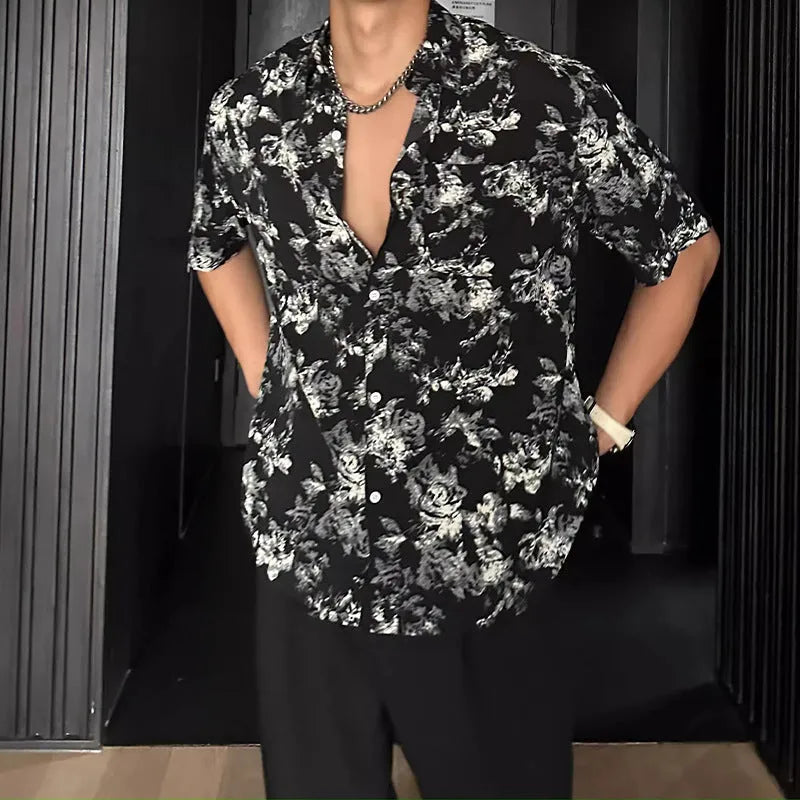 Floral printed short sleeve shirt in loose casual pendant style shown in white and black options