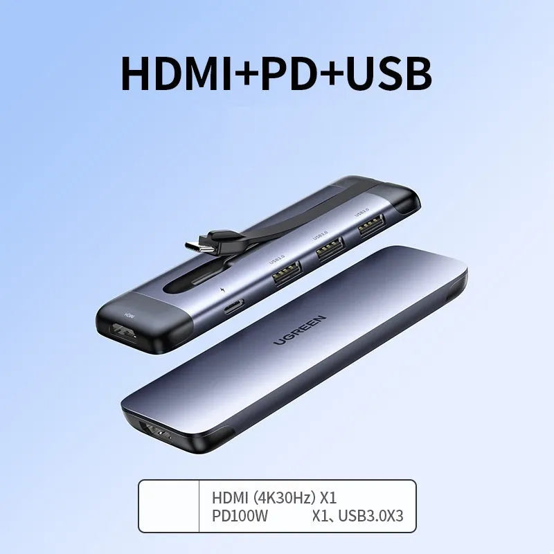 USB-C dock expansion adapter showing multiple ports including HDMI, USB 3.0, and Power Delivery charging