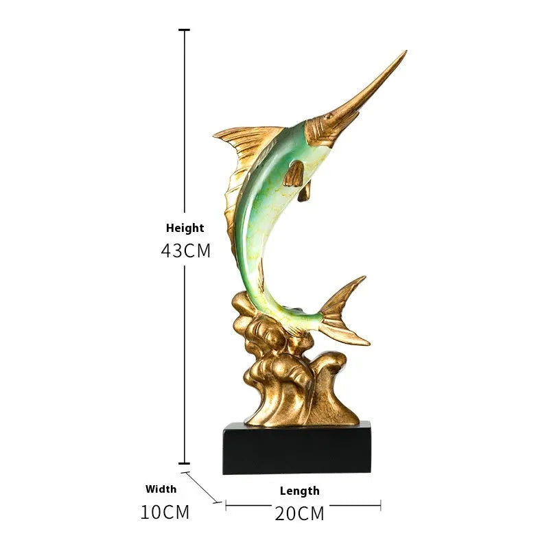 European stylised swordfish resin and plastic decorative ornament on a shelf.