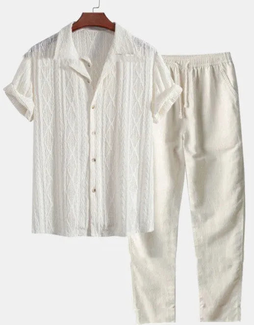Men's loose fit milk silk summer suit set showing short sleeve shirt and trousers in a casual colour.
