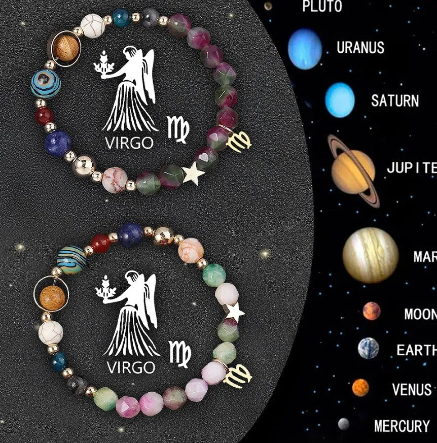 Two adjustable natural stone beaded bracelets showing zodiac sign designs on a neutral background