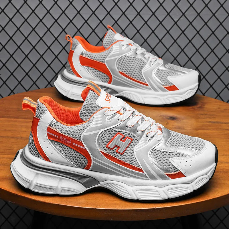 Men's mesh running shoes in black, white grey, or white orange with plastic soles